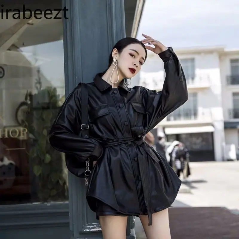 Ew Retro Faux Leather Shirt Women's Fashion Long Tunic Belted Fashion Style Casual Blouse Korean Loose Fit Spring Autumn Coat