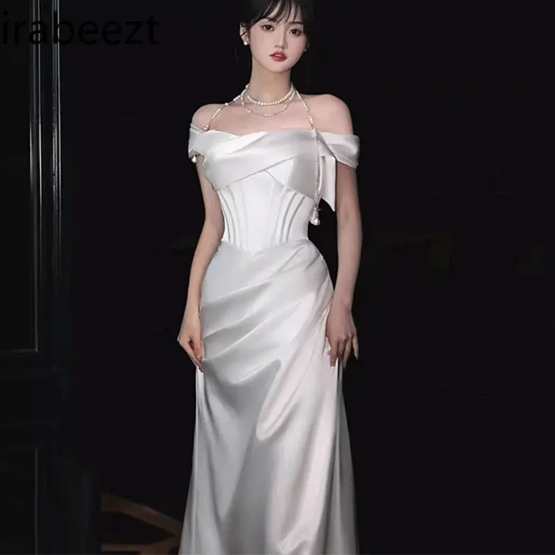 Women's Summer Elegant Satin One-Shoulder Gown - Luxury French Style Party Dress with High-End Minimalist Design