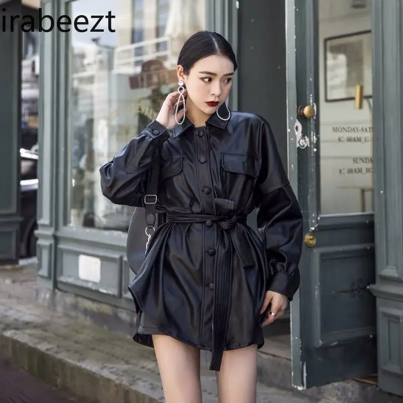 Ew Retro Faux Leather Shirt Women's Fashion Long Tunic Belted Fashion Style Casual Blouse Korean Loose Fit Spring Autumn Coat