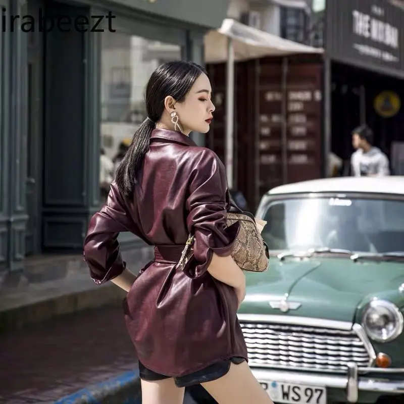 Ew Retro Faux Leather Shirt Women's Fashion Long Tunic Belted Fashion Style Casual Blouse Korean Loose Fit Spring Autumn Coat