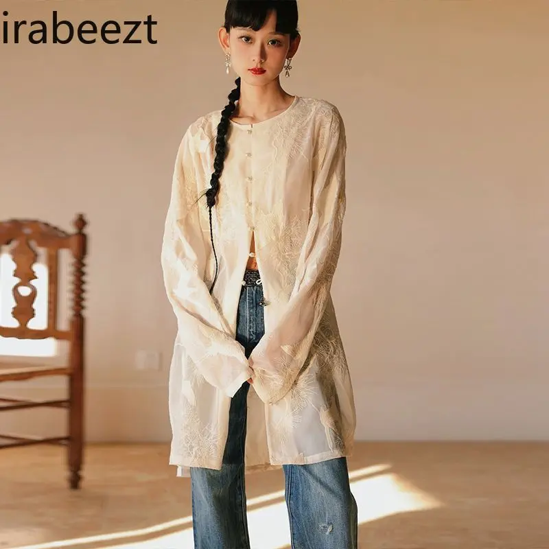 Women's Sun Protection Long Shirt Dress Boho Summer Tops Embroidery Loose Fit Casual Lightweight Breathable Charming Dresses