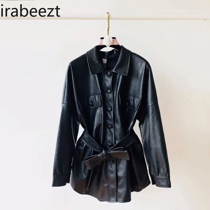 Ew Retro Faux Leather Shirt Women's Fashion Long Tunic Belted Fashion Style Casual Blouse Korean Loose Fit Spring Autumn Coat