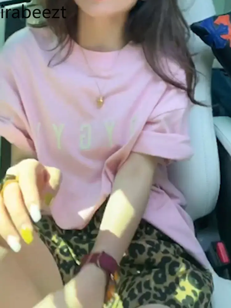 Cotton Short-sleeved 2025 Summer New Korean Version Casual T-shirt Unique and Unique Age-reducing Pink Printed Top