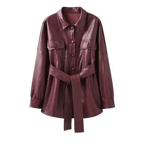 Ew Retro Faux Leather Shirt Women's Fashion Long Tunic Belted Fashion Style Casual Blouse Korean Loose Fit Spring Autumn Coat