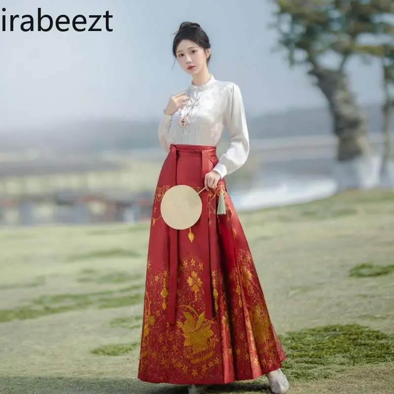 2025 New Ming Dynasty Style Horse Face Skirt Set Women's Embroidered Hanfu Top & Pleated Skirt Summer Breathable Loose Fit