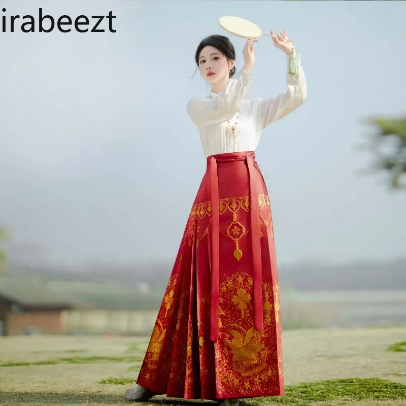 2025 New Ming Dynasty Style Horse Face Skirt Set Women's Embroidered Hanfu Top & Pleated Skirt Summer Breathable Loose Fit