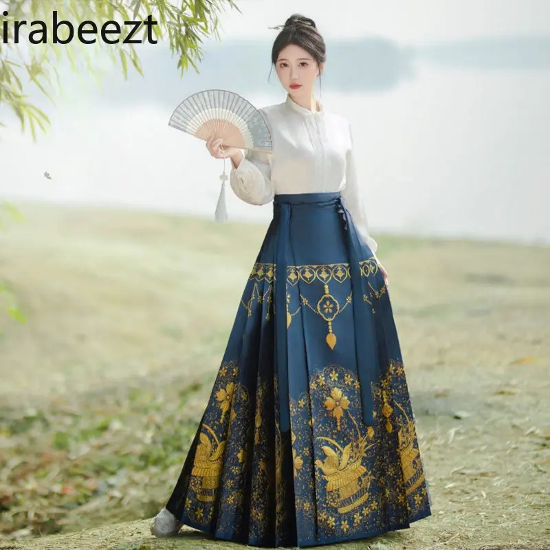 2025 New Ming Dynasty Style Horse Face Skirt Set Women's Embroidered Hanfu Top & Pleated Skirt Summer Breathable Loose Fit