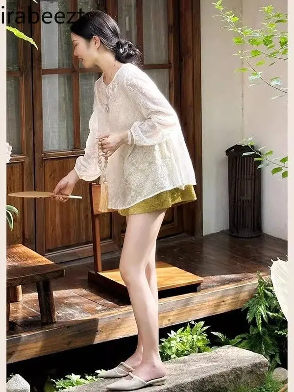 2025 New Chinese Style Floral Embroidery Top & Shorts Set Women's Summer Loose Fit Two Piece Outfit Traditional Vintage Elegant