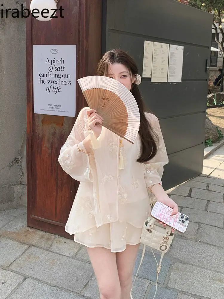 2025 New Chinese Style Floral Embroidery Blouse + Shorts Set Women's Elegant Summer Outfit Boho Vintage Two Piece