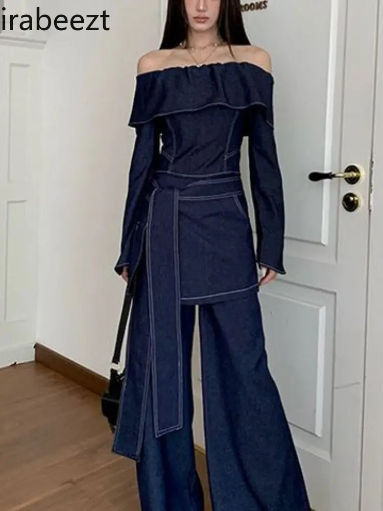 Vintage  Denim One-shoulder Top High-waisted Pants Skirt Set Retro American Style Fashion Women Two Piece Set Sexy Club
