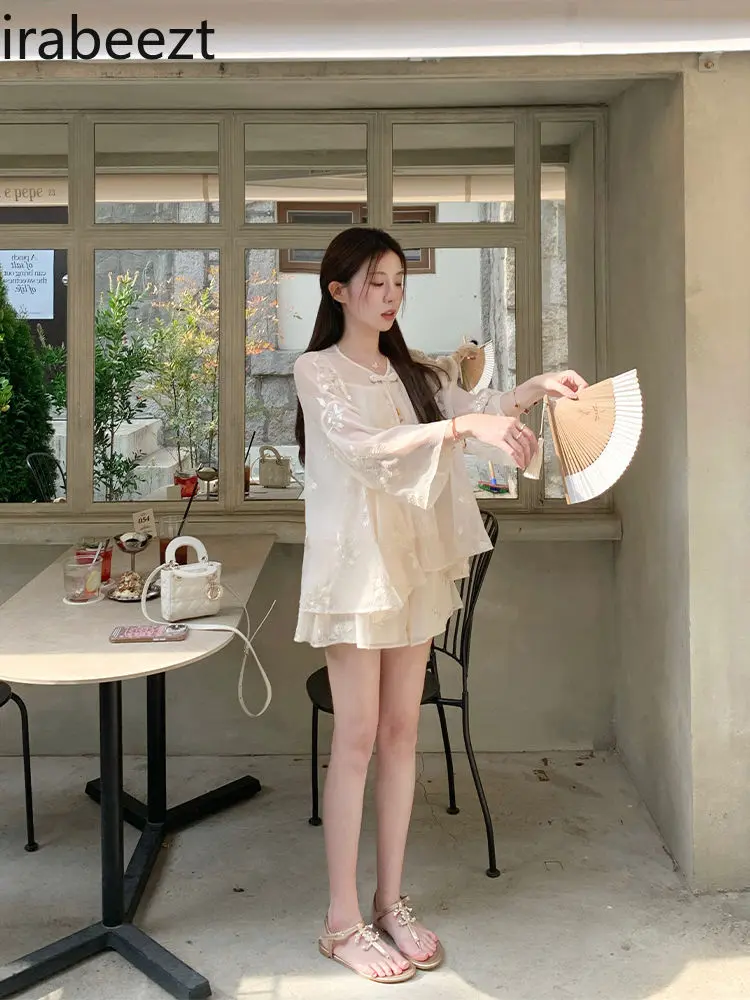 2025 New Chinese Style Floral Embroidery Blouse + Shorts Set Women's Elegant Summer Outfit Boho Vintage Two Piece
