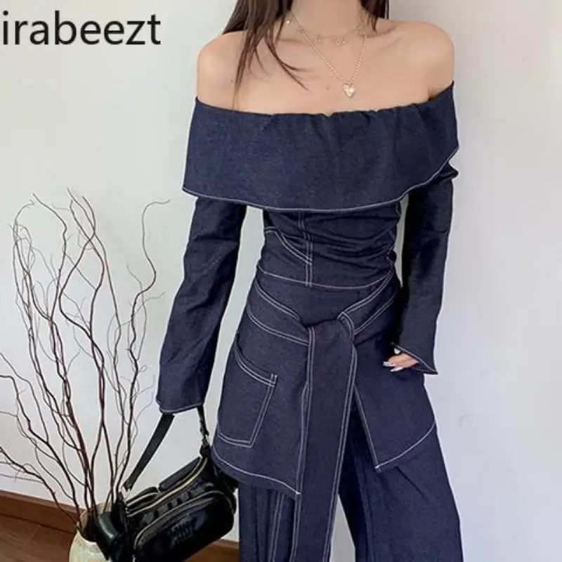Vintage  Denim One-shoulder Top High-waisted Pants Skirt Set Retro American Style Fashion Women Two Piece Set Sexy Club