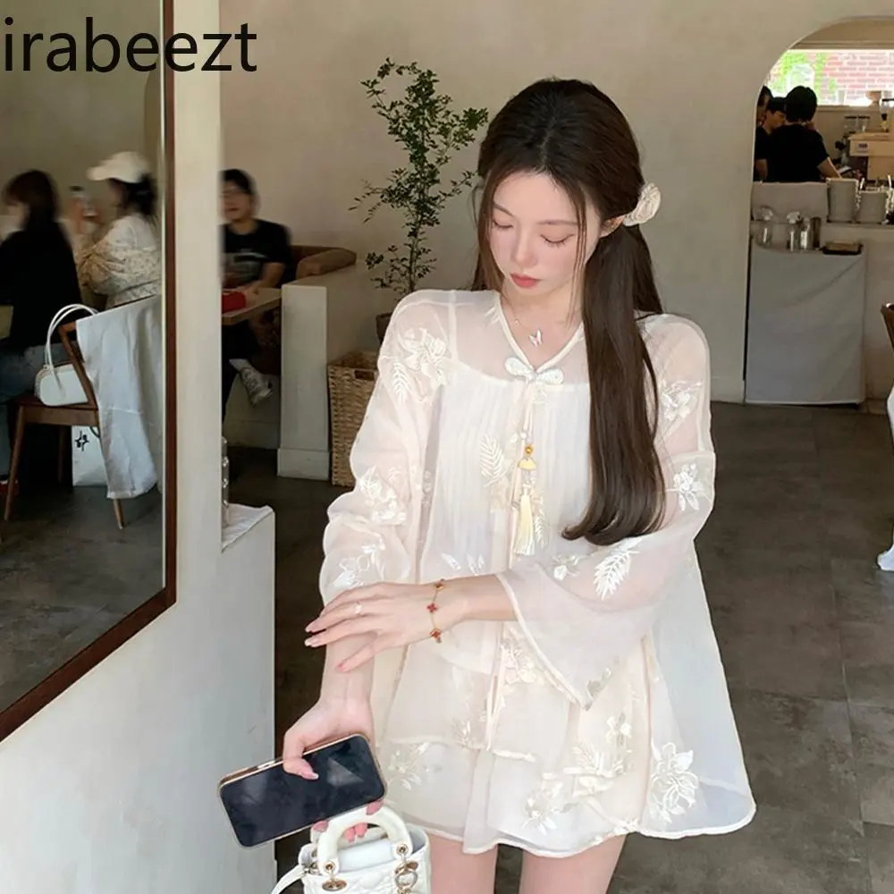 2025 New Chinese Style Floral Embroidery Blouse + Shorts Set Women's Elegant Summer Outfit Boho Vintage Two Piece