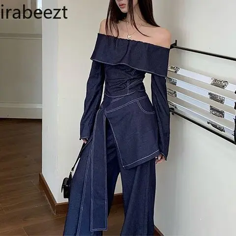 Vintage  Denim One-shoulder Top High-waisted Pants Skirt Set Retro American Style Fashion Women Two Piece Set Sexy Club