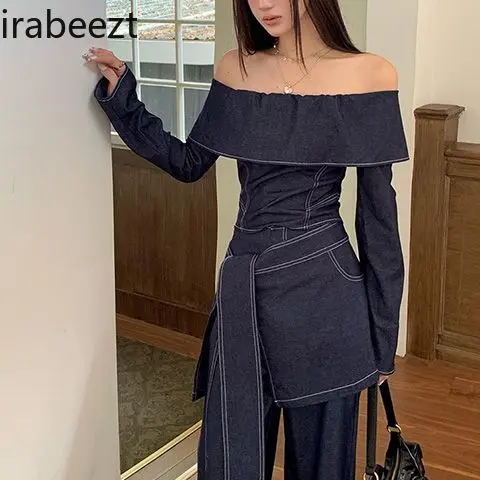 Vintage  Denim One-shoulder Top High-waisted Pants Skirt Set Retro American Style Fashion Women Two Piece Set Sexy Club