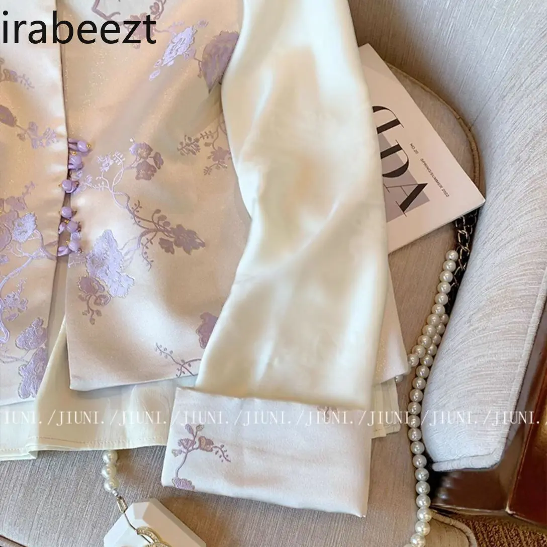 Elegant Purple Jacquard Satin Vest Women's Suit 2025 New Chinese Style Blouse Layering Vintage Floral Embroidery Casual Outfit