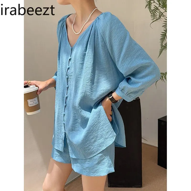 Blue Iced Silk Slim Loose Long-Sleeve Crop Top & Shorts 2PC Set for Women - Breathable Lightweight Sun Protection Summer Fashion
