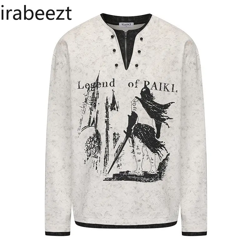 Vintage American Style Fake Two-Piece V-Neck Long Sleeve Sweatshirt Women Loose Casual Fall Winter Pullover Color Block Fashion