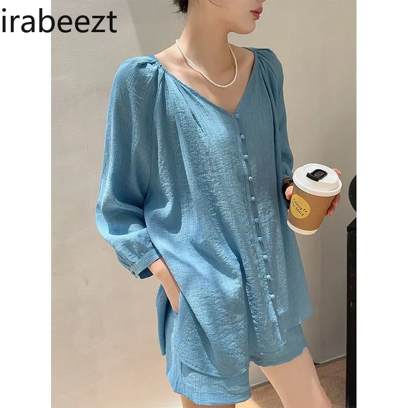Blue Iced Silk Slim Loose Long-Sleeve Crop Top & Shorts 2PC Set for Women - Breathable Lightweight Sun Protection Summer Fashion