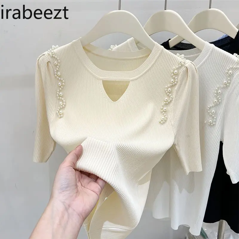 2025 Summer Women's Lace Hollow Out Knit T-Shirt Short Sleeve French Beaded Design Plus Size Tops Fashion Casual Blouse