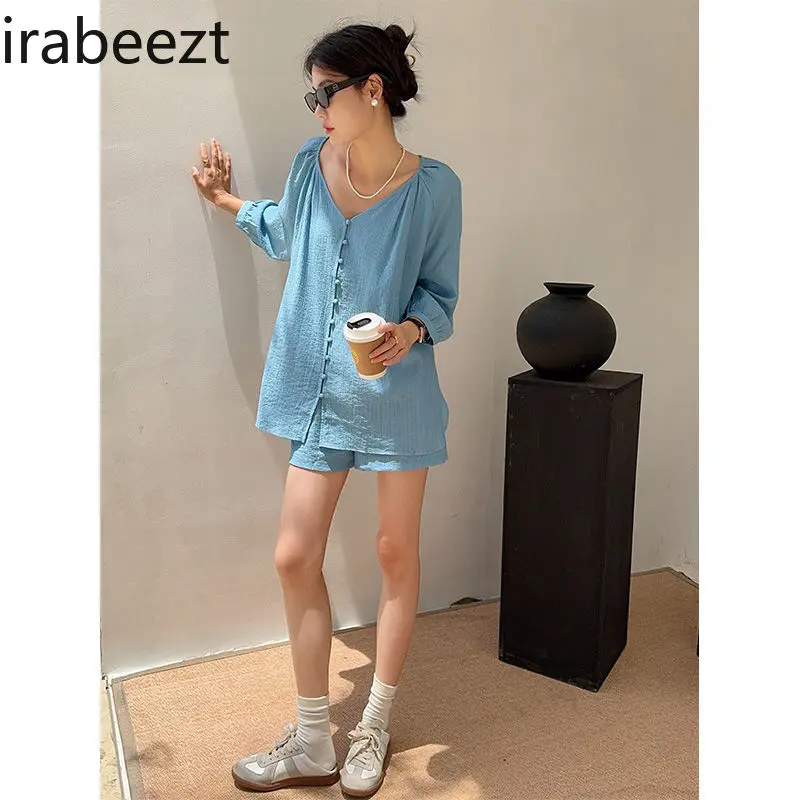 Blue Iced Silk Slim Loose Long-Sleeve Crop Top & Shorts 2PC Set for Women - Breathable Lightweight Sun Protection Summer Fashion