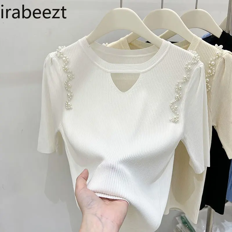 2025 Summer Women's Lace Hollow Out Knit T-Shirt Short Sleeve French Beaded Design Plus Size Tops Fashion Casual Blouse