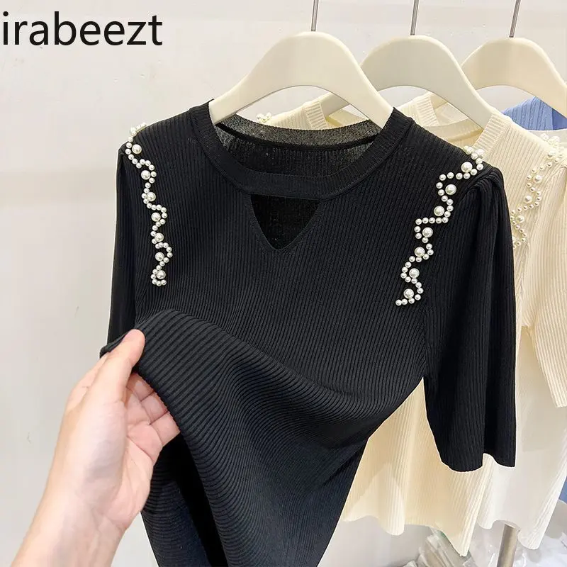 2025 Summer Women's Lace Hollow Out Knit T-Shirt Short Sleeve French Beaded Design Plus Size Tops Fashion Casual Blouse