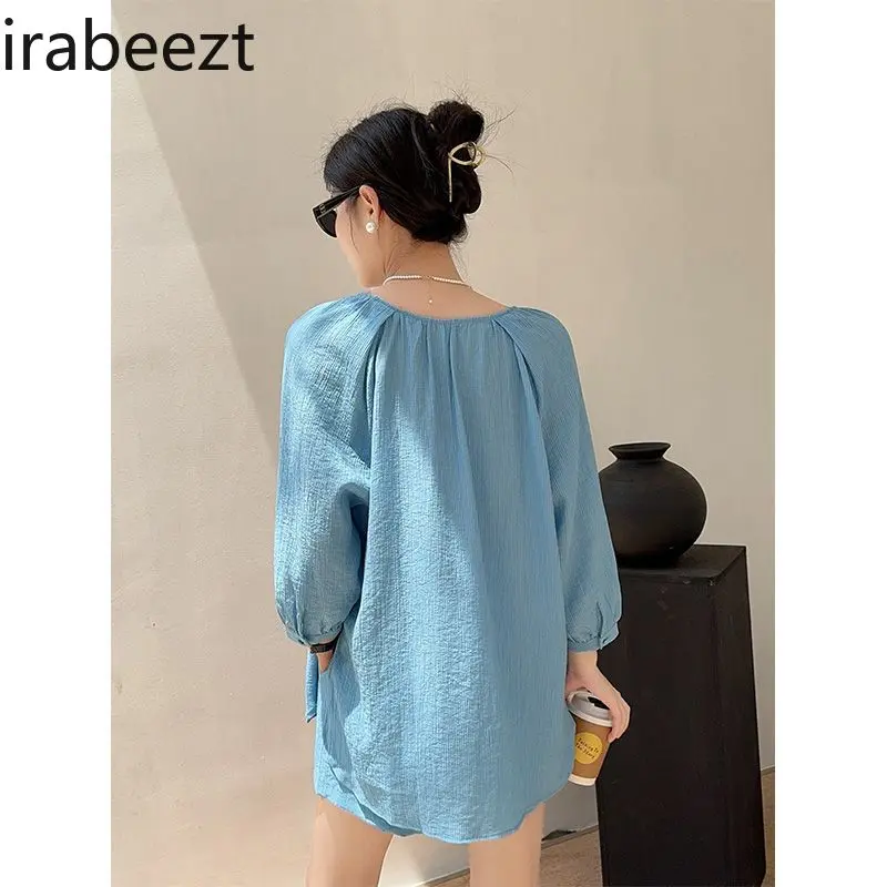 Blue Iced Silk Slim Loose Long-Sleeve Crop Top & Shorts 2PC Set for Women - Breathable Lightweight Sun Protection Summer Fashion