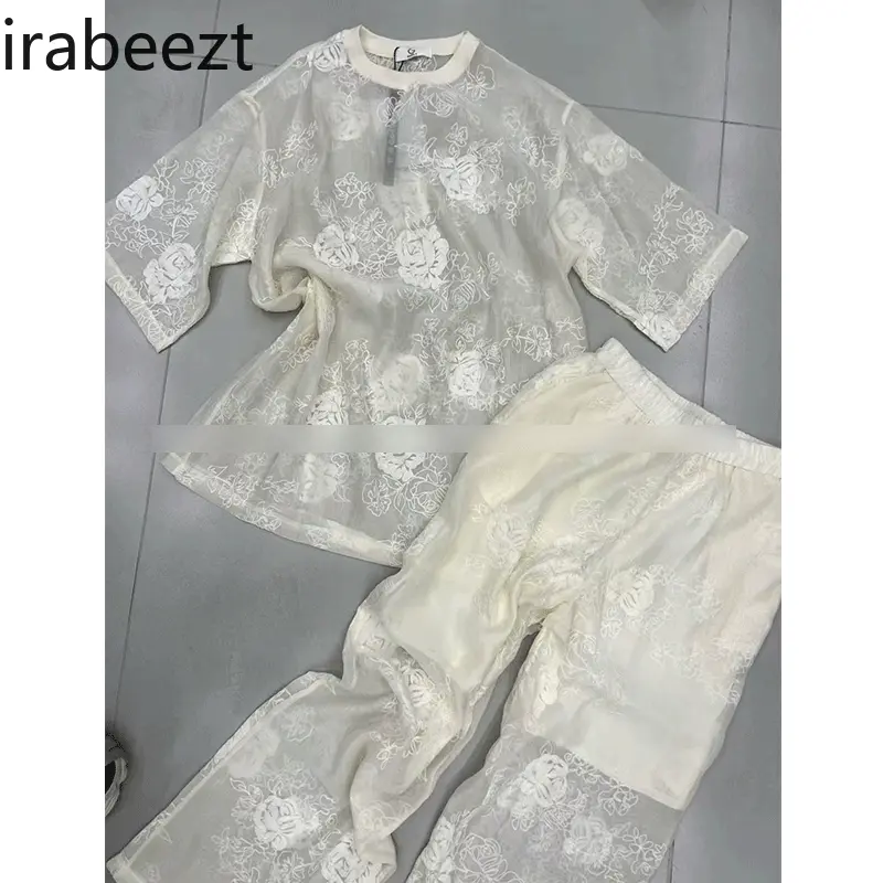 2025 New Chinese Style Embroidered Lace Hollow-out Blouse + High Waist Wide Leg Pants Women's Suit Ensemble Femme