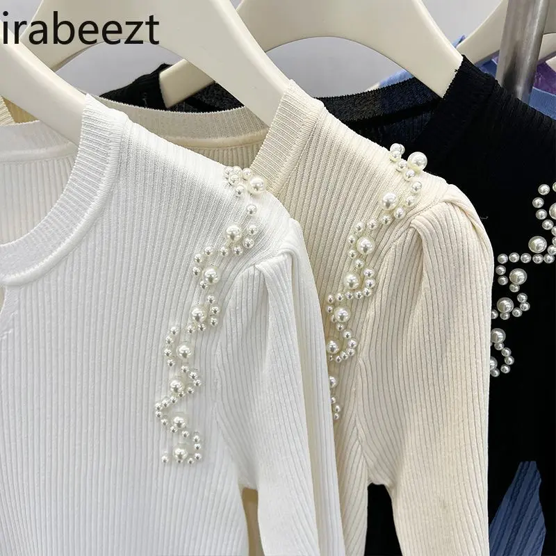 2025 Summer Women's Lace Hollow Out Knit T-Shirt Short Sleeve French Beaded Design Plus Size Tops Fashion Casual Blouse