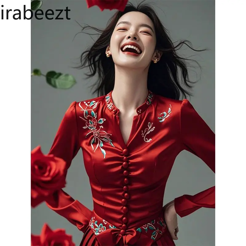 Chinese New Year Red Blouse Women's Floral Print Long Sleeve Shirt Ruffled Tops Elegant Zodiac Year Fashion Autumn Casual