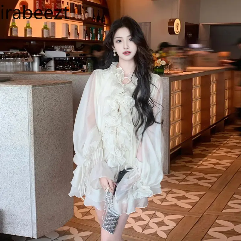 Women's French Style Embroidery Ruffle Blouse & High-Waist Pants Set - Fashionable Long-Sleeve Fitted Top + Slim Mini Shorts