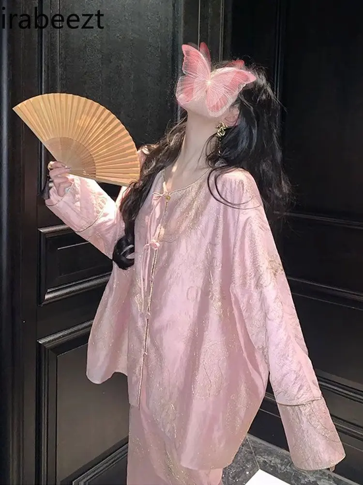 Elegant 2025 Pink Chinese Style Women's Outfit - Vintage Floral Embroidery Blouse & High Waist Skirt Set Spring Fashion​