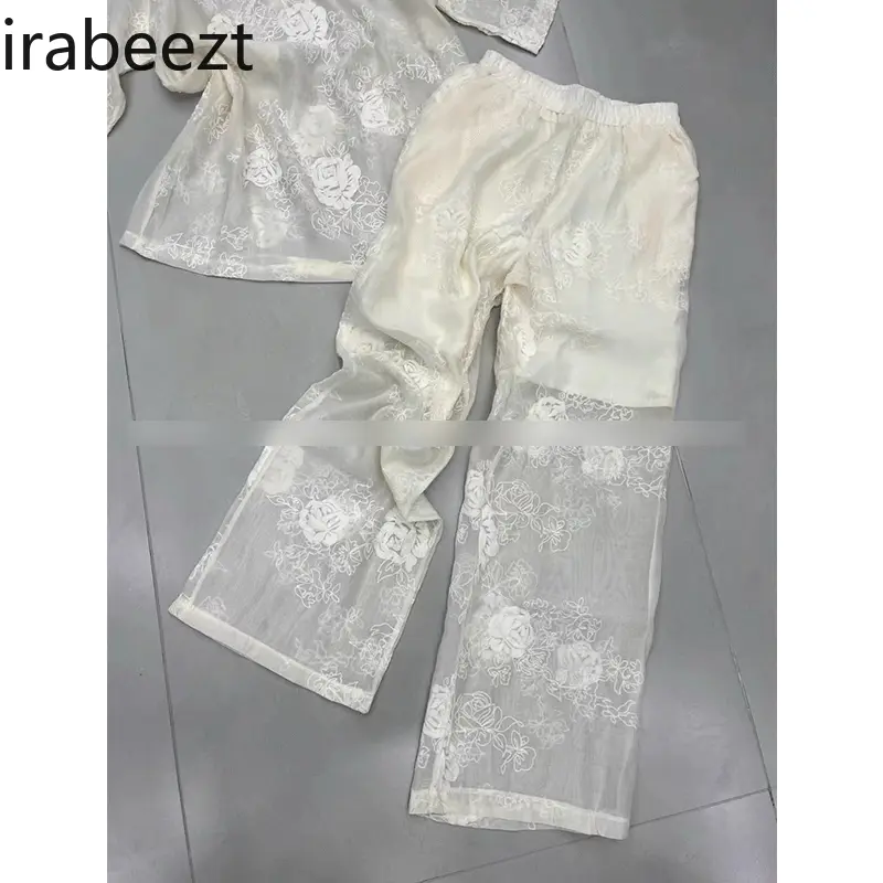 2025 New Chinese Style Embroidered Lace Hollow-out Blouse + High Waist Wide Leg Pants Women's Suit Ensemble Femme
