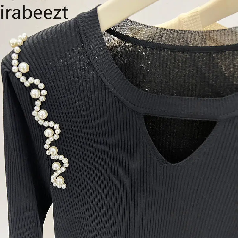 2025 Summer Women's Lace Hollow Out Knit T-Shirt Short Sleeve French Beaded Design Plus Size Tops Fashion Casual Blouse