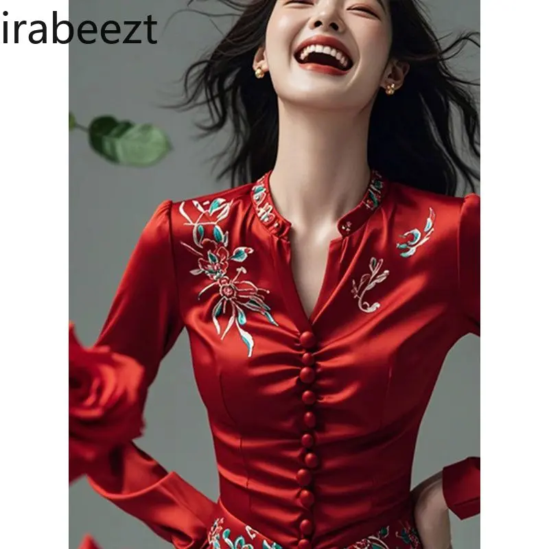 Chinese New Year Red Blouse Women's Floral Print Long Sleeve Shirt Ruffled Tops Elegant Zodiac Year Fashion Autumn Casual