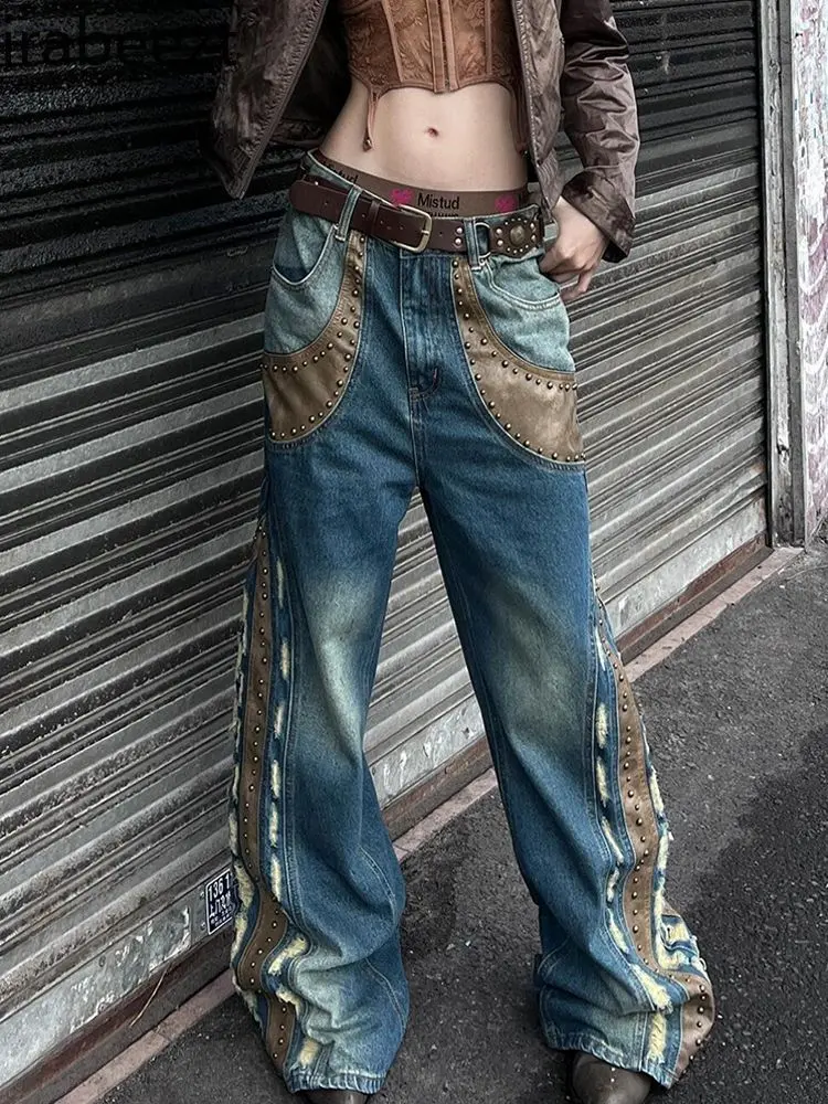 2025 New American Plus Size Denim Pants Rhinestone & Leather Patch Wide Leg Drag Flare Jeans for Women Spring Y2K Streetwear