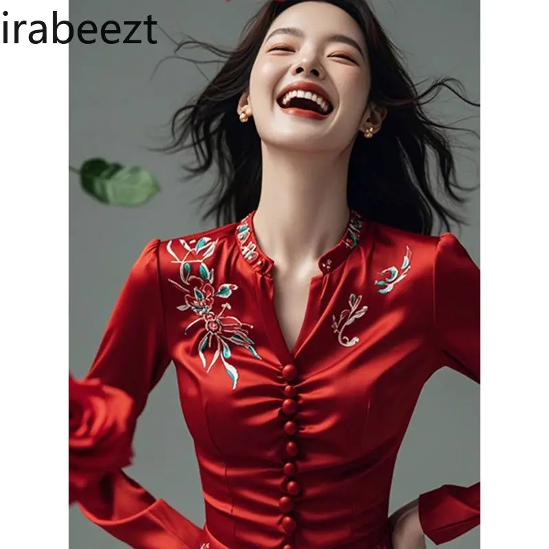 Chinese New Year Red Blouse Women's Floral Print Long Sleeve Shirt Ruffled Tops Elegant Zodiac Year Fashion Autumn Casual
