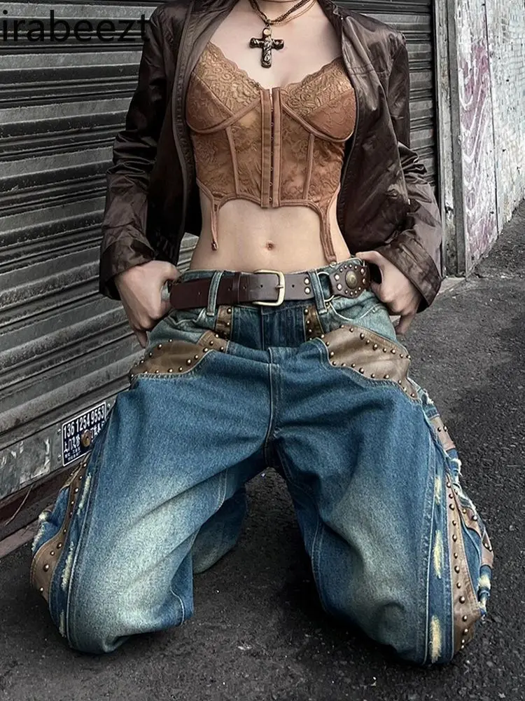 2025 New American Plus Size Denim Pants Rhinestone & Leather Patch Wide Leg Drag Flare Jeans for Women Spring Y2K Streetwear