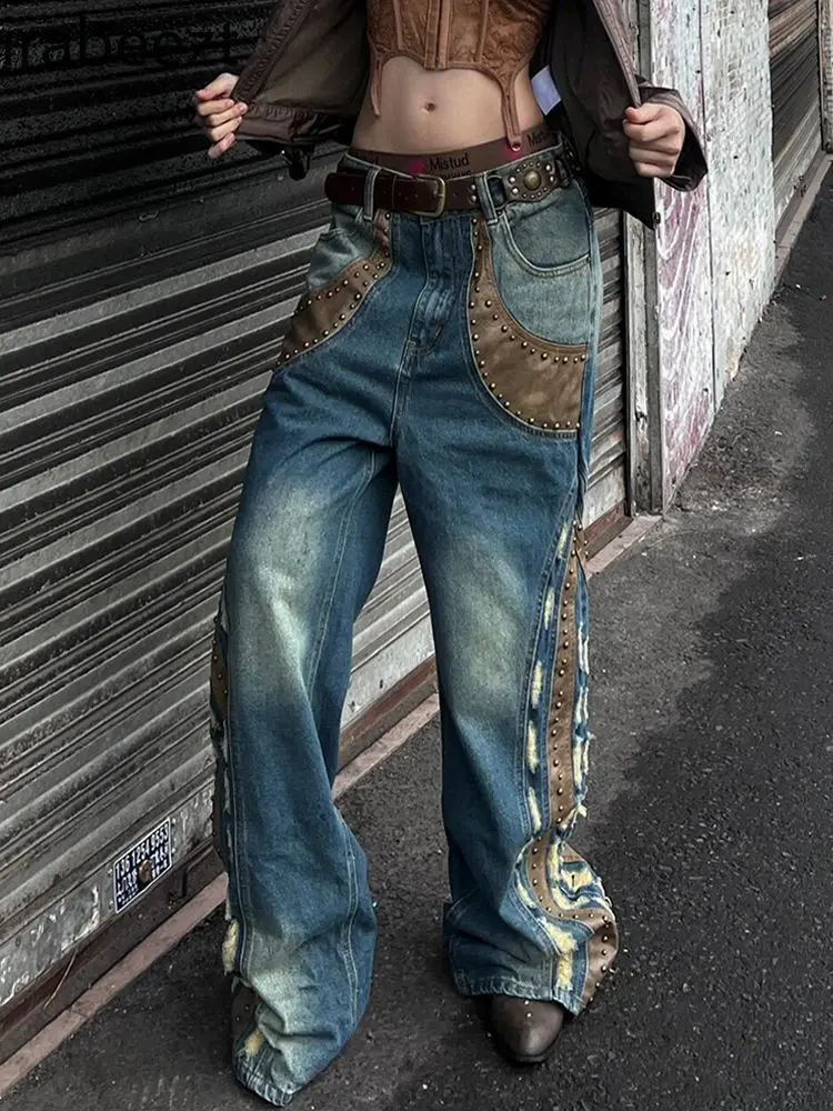 2025 New American Plus Size Denim Pants Rhinestone & Leather Patch Wide Leg Drag Flare Jeans for Women Spring Y2K Streetwear