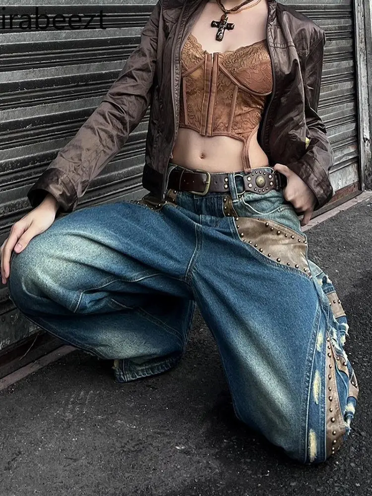 2025 New American Plus Size Denim Pants Rhinestone & Leather Patch Wide Leg Drag Flare Jeans for Women Spring Y2K Streetwear