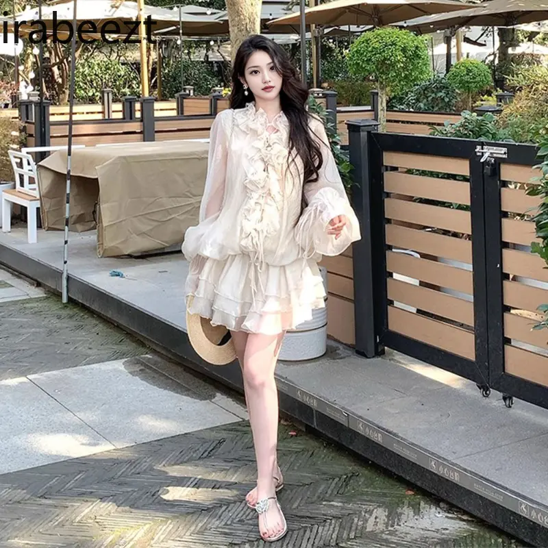 Women's French Style Embroidery Ruffle Blouse & High-Waist Pants Set - Fashionable Long-Sleeve Fitted Top + Slim Mini Shorts
