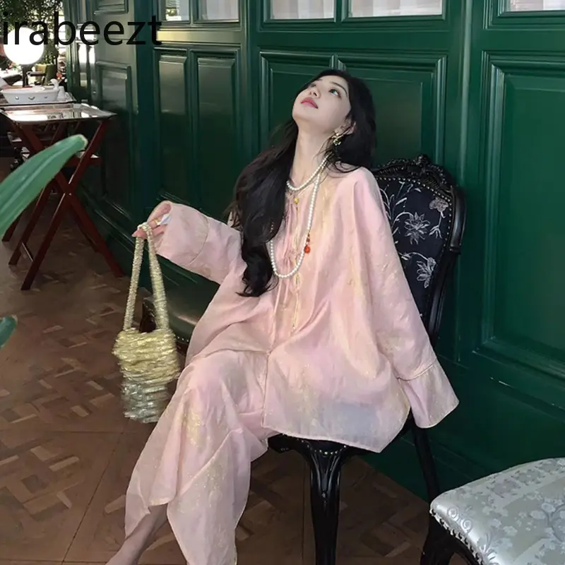 Elegant 2025 Pink Chinese Style Women's Outfit - Vintage Floral Embroidery Blouse & High Waist Skirt Set Spring Fashion​