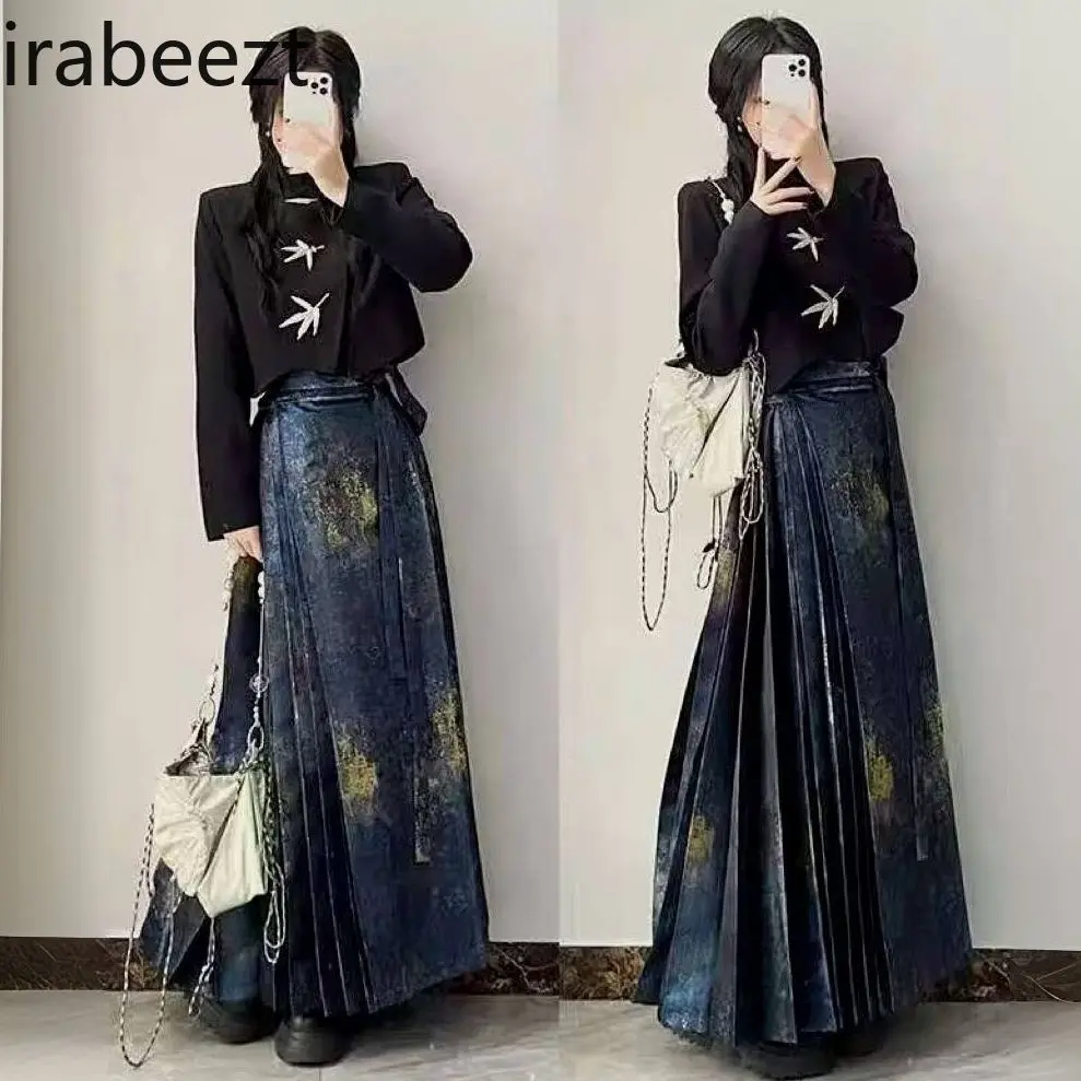 Plus Size Women's New Style Hanfu Set - Floral Print Blouse & Maiden Skirt Autumn Winter Fashion Chinese Traditional for Women