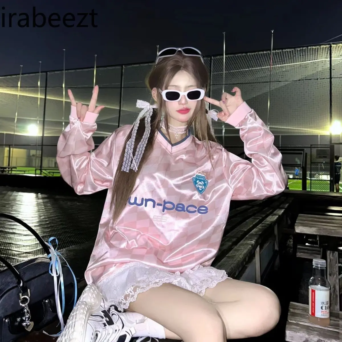 Fashion American Retro Jersey New Autumn Diamond Color Contrast Long Sleeve Loose Design Sports Tops Women Graphic T Shirts