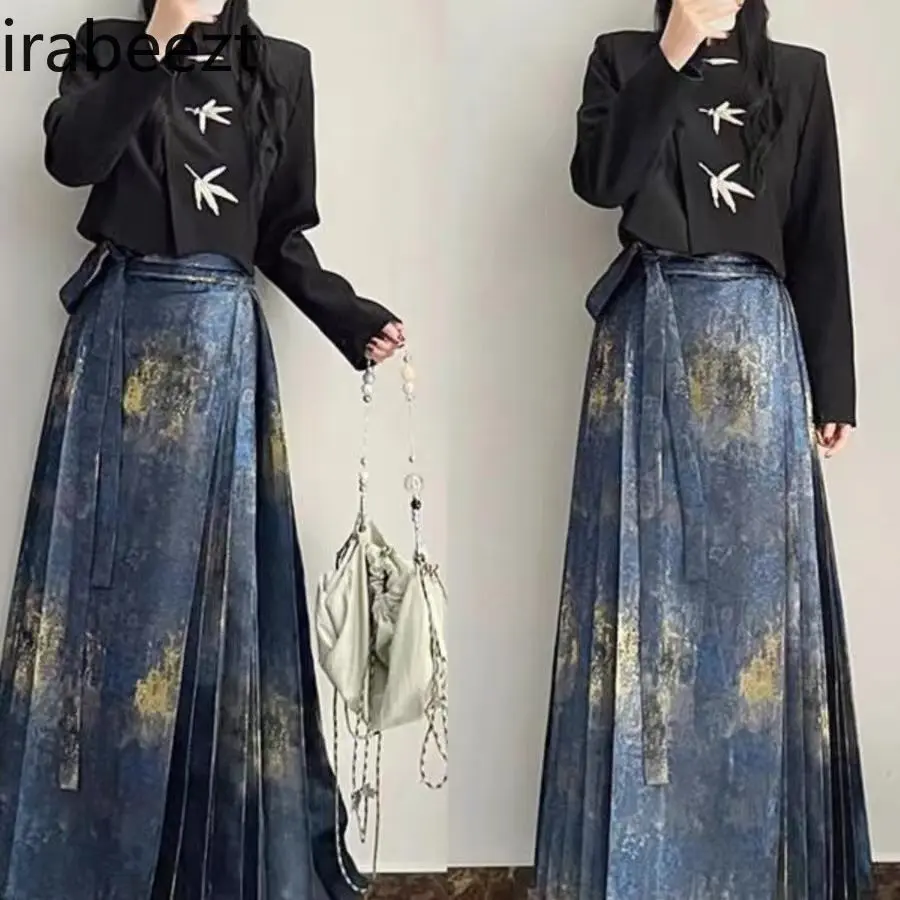Plus Size Women's New Style Hanfu Set - Floral Print Blouse & Maiden Skirt Autumn Winter Fashion Chinese Traditional for Women