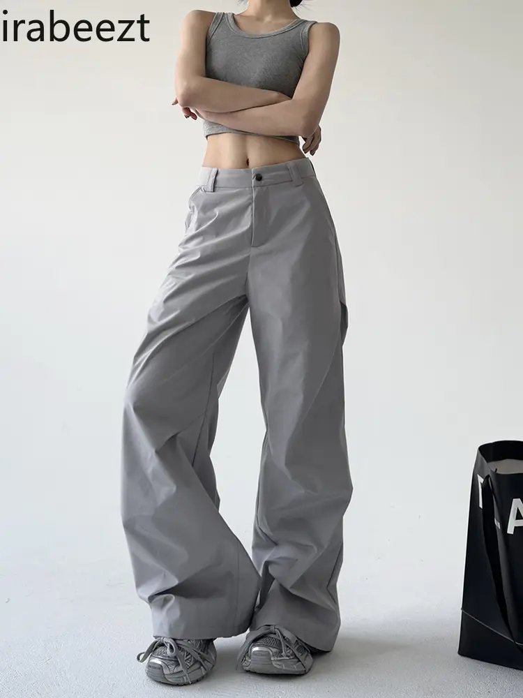 2025 Spring and Summer Trousers Women's New Loose Tibetan Gray American High Street Pleated Slimming Sports Wide Leg Pants