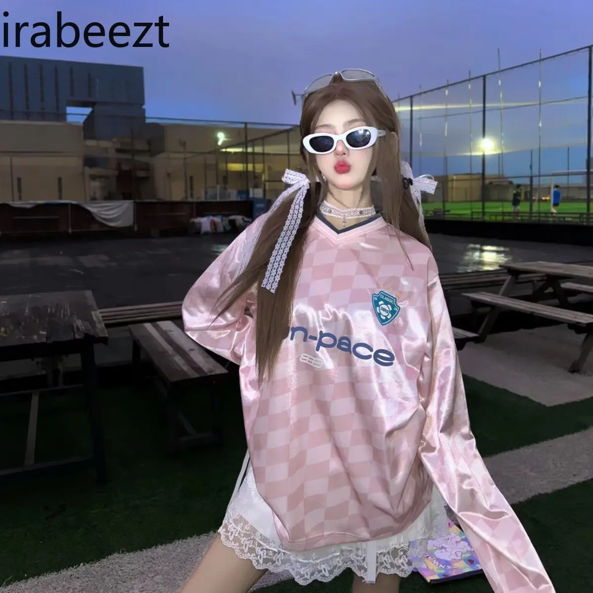 Fashion American Retro Jersey New Autumn Diamond Color Contrast Long Sleeve Loose Design Sports Tops Women Graphic T Shirts
