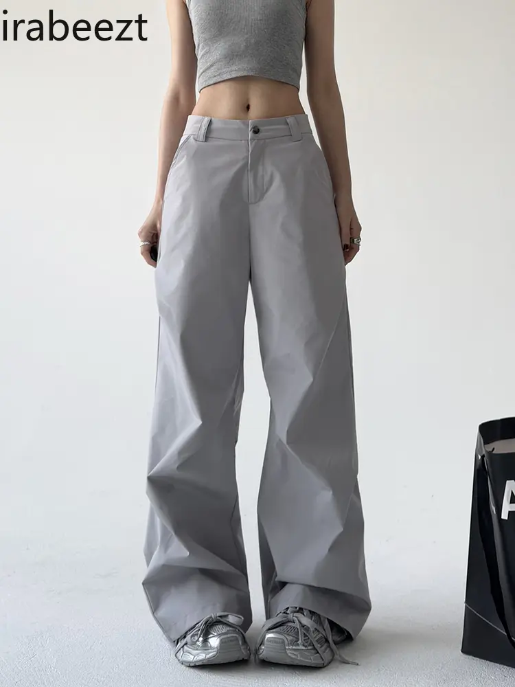 2025 Spring and Summer Trousers Women's New Loose Tibetan Gray American High Street Pleated Slimming Sports Wide Leg Pants