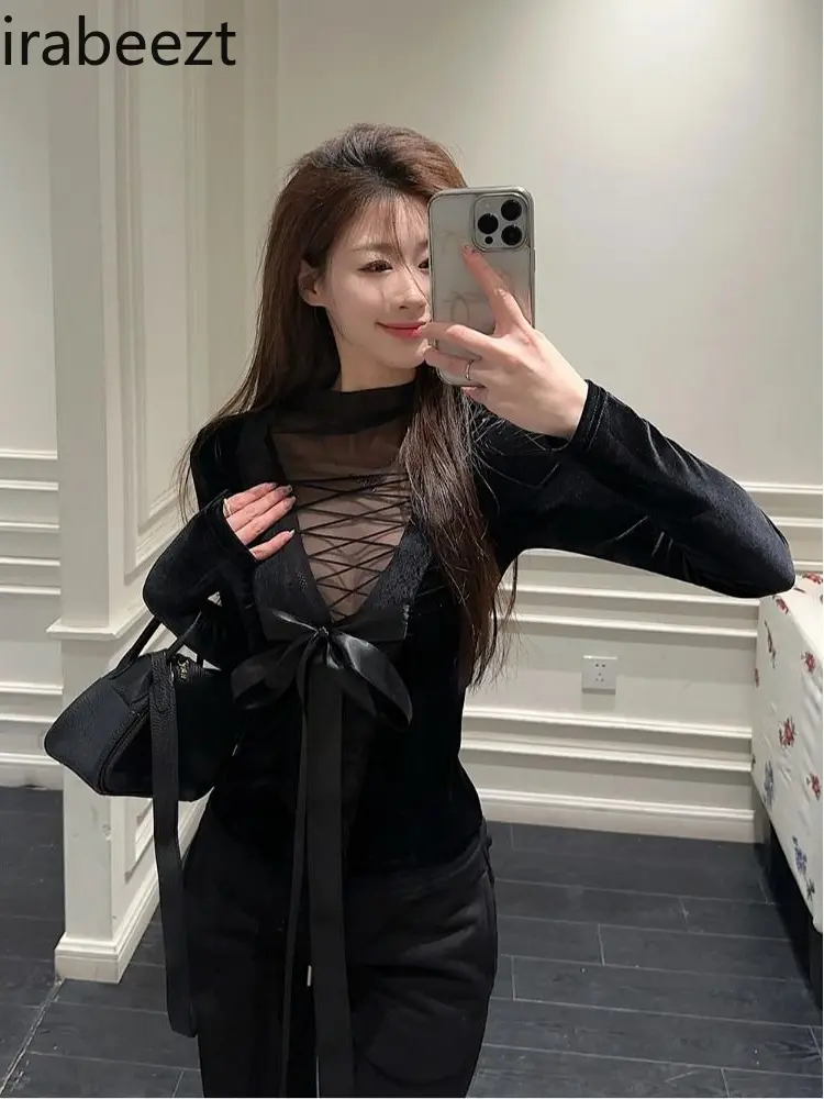 See-Through Tee with Lace Ruffle Details Spring Semi-Turtleneck Base Layer Two-Piece Set Soft-Sexy Layering Piece for Women